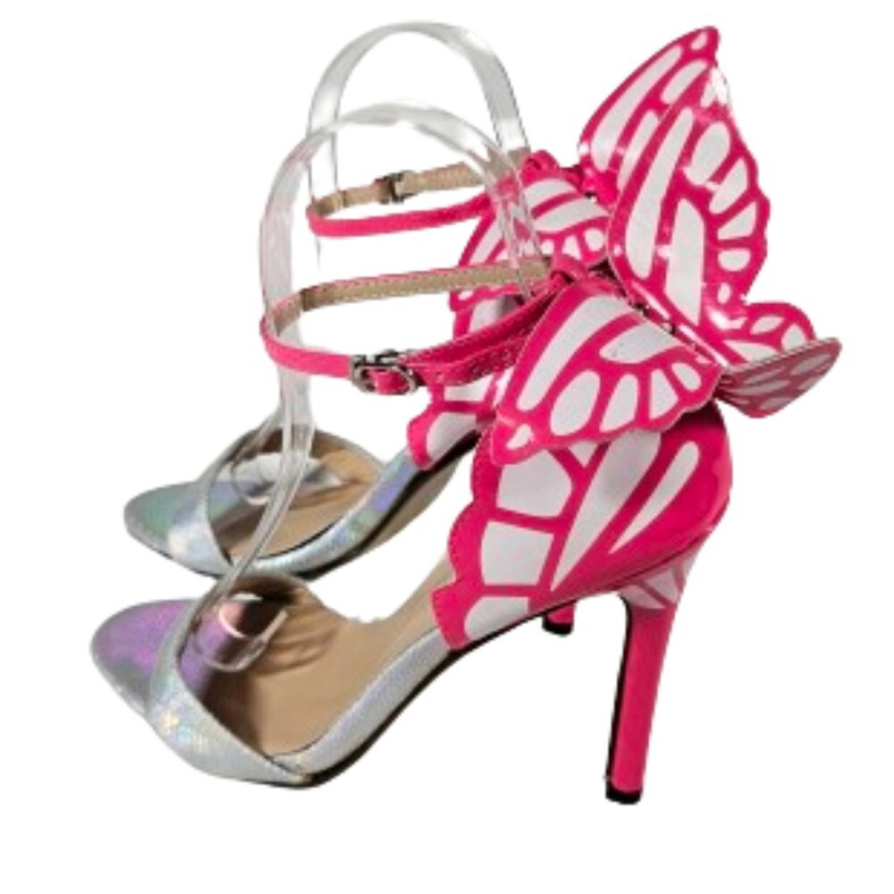 JOJO Cat Pink White Iridescent Sil Heels Women's Size 39 or 8.5 Prom Formal